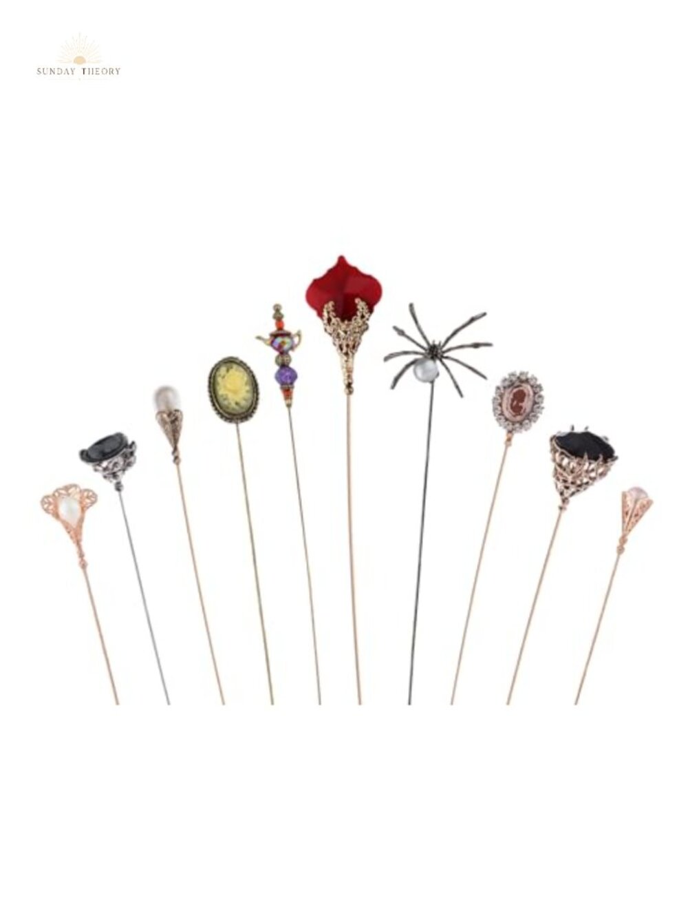 Vintage Hat Pins Brooches Set - Bendable Floral & Cameo Designs - Coat Scarf